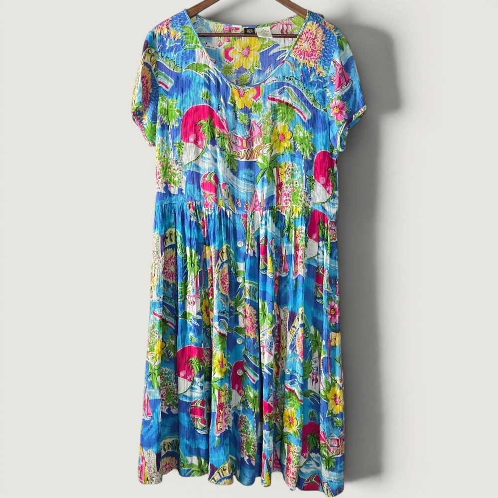 Bila Womens Tropical Novelty Print Rayon Midi Dress Blue Pink Size Medium